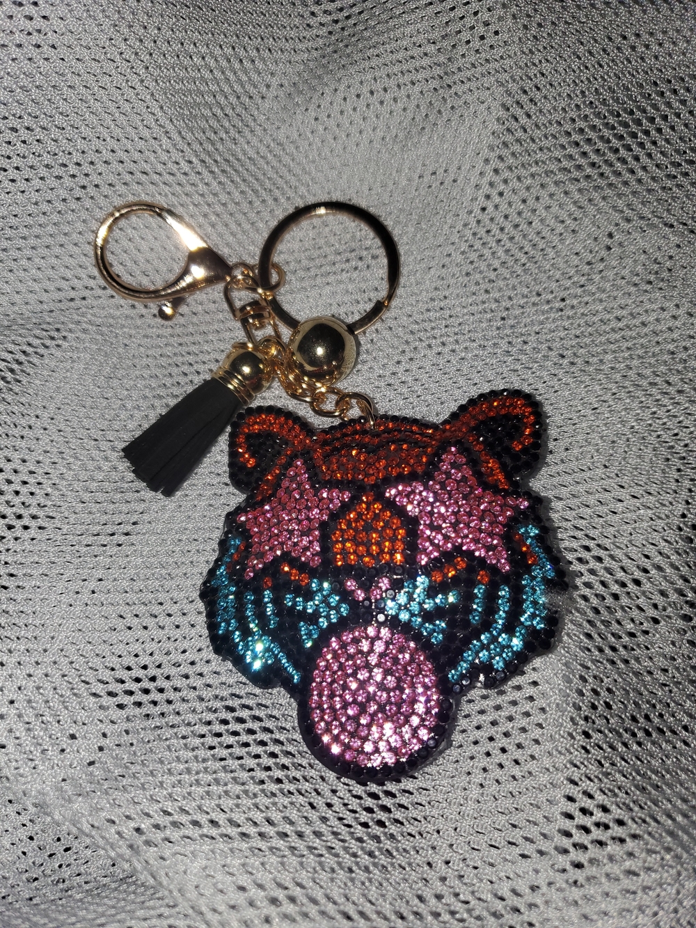 Rhinestone Tiger Bubblegum Keychain - Pink, Blue & Orange